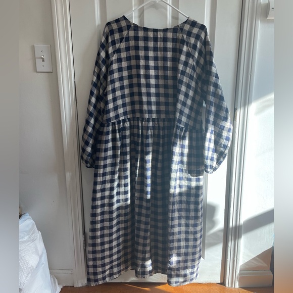 Linenfox Navy Gingham Linen Margo Dress L-XL - Picture 4 of 6